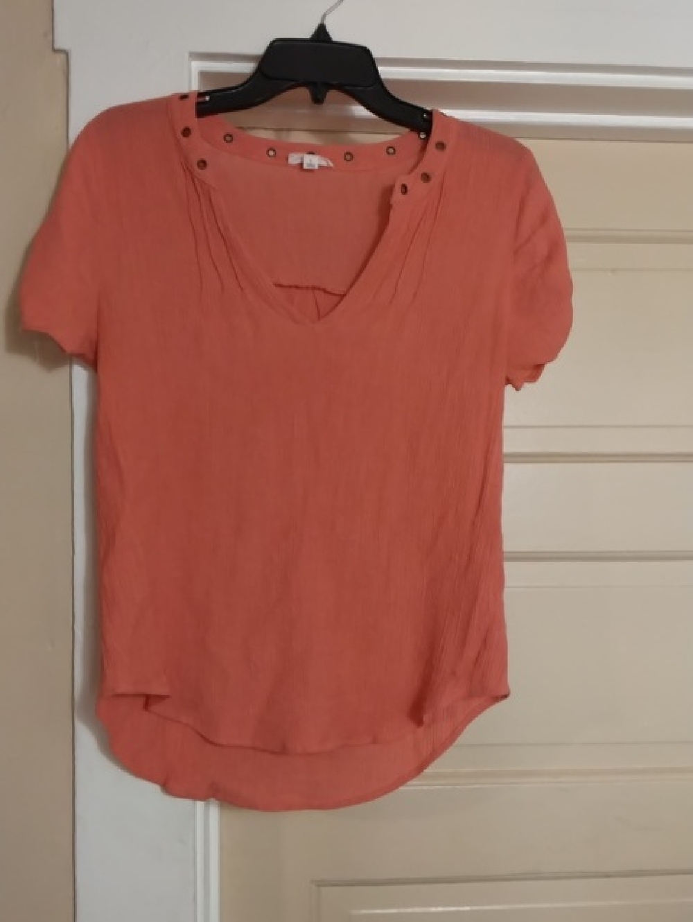 mine Coral V-Neck Short Sleeve Top with Stud Accents